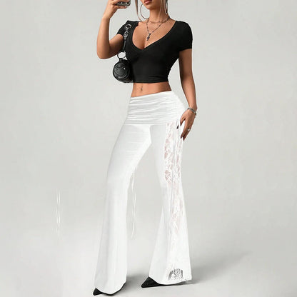 🧵 Pantalon évasé femme à fronces et empiècement en dentelle – Élégant, respirant & parfait pour un look chic ou romantique au quotidien 🌸
