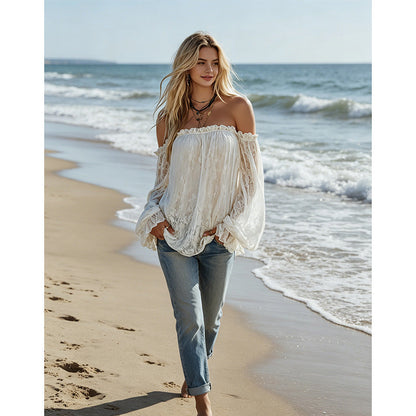 🌸 PROMO LIMITÉE 57% DE RÉDUCTION ! ✨ Bustier en Dentelle – Transparent, Manches Amples, Bohème ☀️