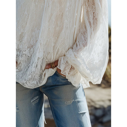 🌸 PROMO LIMITÉE 57% DE RÉDUCTION ! ✨ Bustier en Dentelle – Transparent, Manches Amples, Bohème ☀️