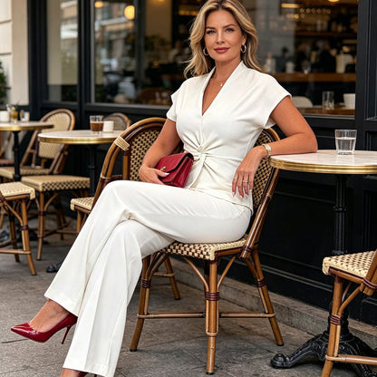 👗🌟 PROMO FLASH 55% ! Ensemble 2 Pièces Femme Élégant – Haut Col V & Tour de Taille Noué, Pantalon Large, Style Chic & Polyvalent pour le Bureau & Soirée ✨