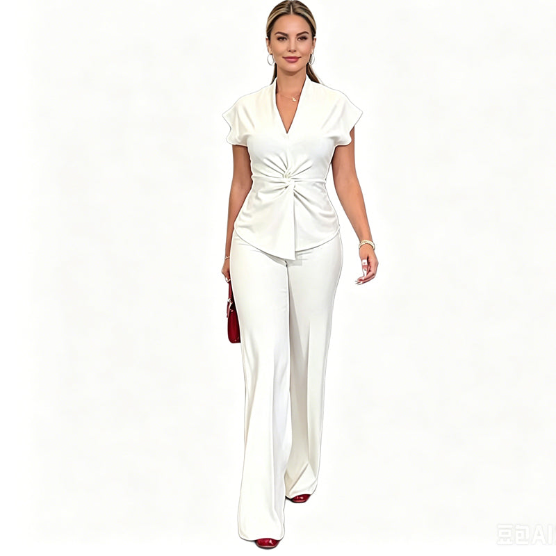 👗🌟 PROMO FLASH 55% ! Ensemble 2 Pièces Femme Élégant – Haut Col V & Tour de Taille Noué, Pantalon Large, Style Chic & Polyvalent pour le Bureau & Soirée ✨