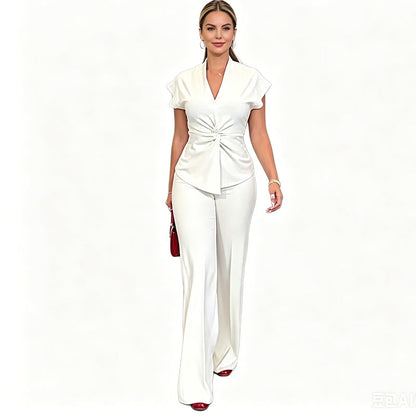 👗🌟 PROMO FLASH 55% ! Ensemble 2 Pièces Femme Élégant – Haut Col V & Tour de Taille Noué, Pantalon Large, Style Chic & Polyvalent pour le Bureau & Soirée ✨