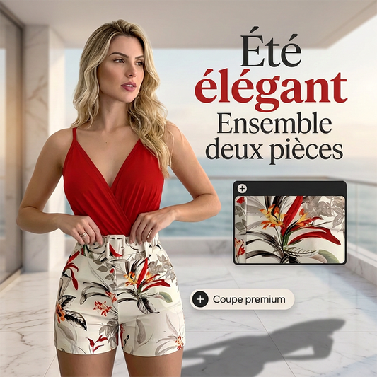 🏝️ PROMO EXCLUSIVE 57% ! 💃 Set Vacances Femme – Haut Bretelles Croisées & Shorty Taille Haute, Imprimé Floral Tropical 🌴