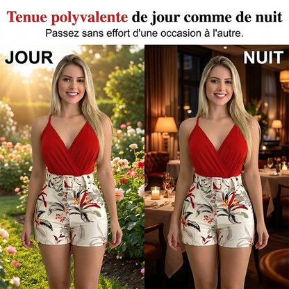 🏝️ PROMO EXCLUSIVE 57% ! 💃 Set Vacances Femme – Haut Bretelles Croisées & Shorty Taille Haute, Imprimé Floral Tropical 🌴