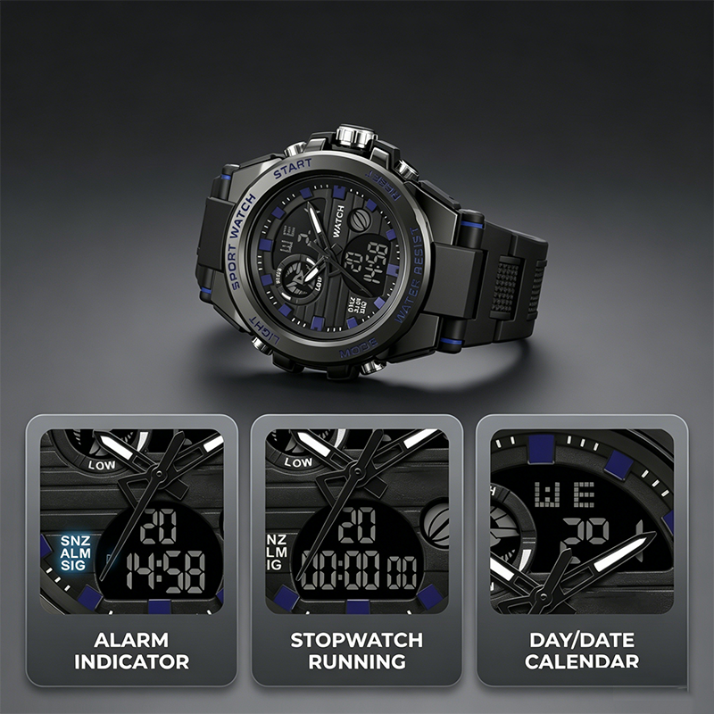 🔥⌚ PROMO FLASH 50% ! Montre Sport Homme Étanche 3ATM – Double Affichage (Analogique+Numérique), Rétroéclairage, Chronographe, Boîtier ABS Antichoc, Bracelet Résine 🌊