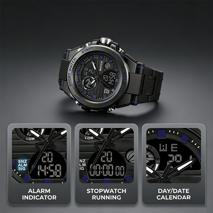 🔥⌚ PROMO FLASH 50% ! Montre Sport Homme Étanche 3ATM – Double Affichage (Analogique+Numérique), Rétroéclairage, Chronographe, Boîtier ABS Antichoc, Bracelet Résine 🌊