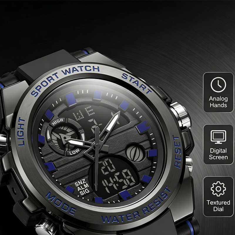 🔥⌚ PROMO FLASH 50% ! Montre Sport Homme Étanche 3ATM – Double Affichage (Analogique+Numérique), Rétroéclairage, Chronographe, Boîtier ABS Antichoc, Bracelet Résine 🌊