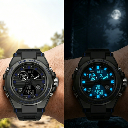 🔥⌚ PROMO FLASH 50% ! Montre Sport Homme Étanche 3ATM – Double Affichage (Analogique+Numérique), Rétroéclairage, Chronographe, Boîtier ABS Antichoc, Bracelet Résine 🌊
