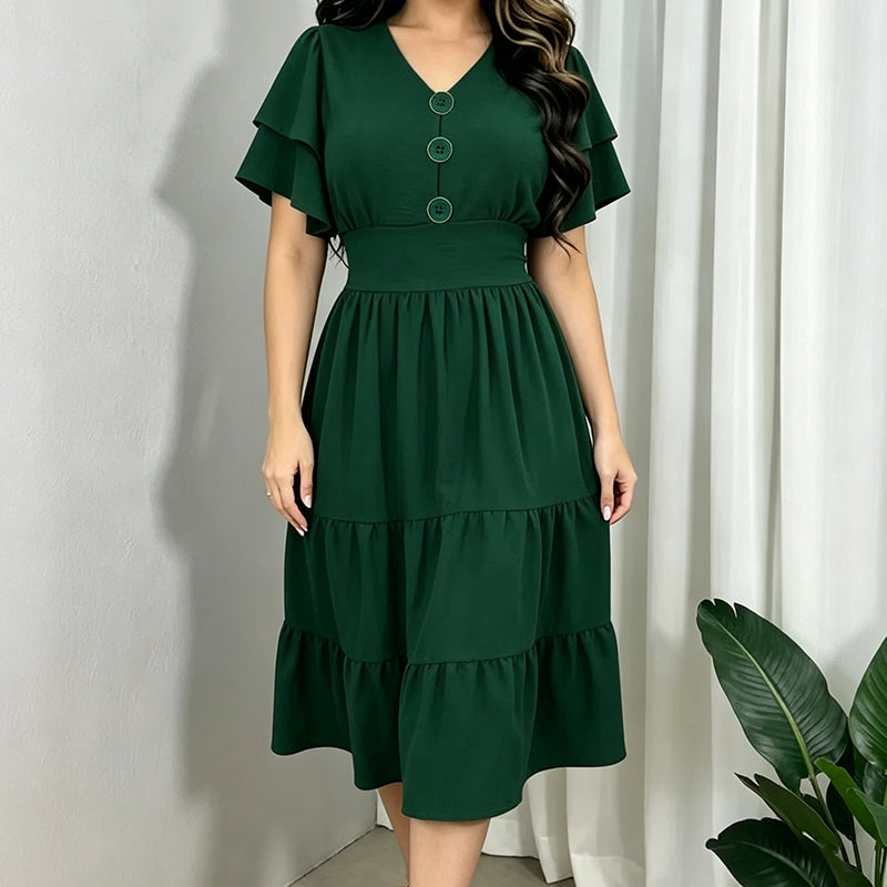 🌿 Robe midi à volants et manches flottantes, col en V, pour femme 👗