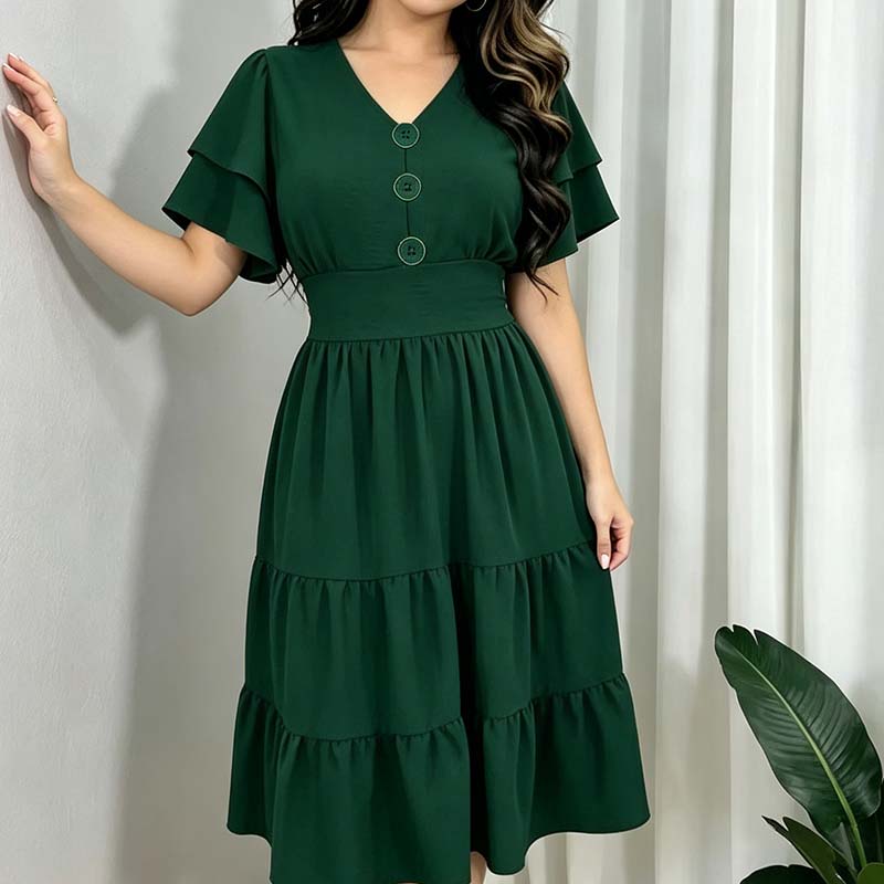 🌿 Robe midi à volants et manches flottantes, col en V, pour femme 👗