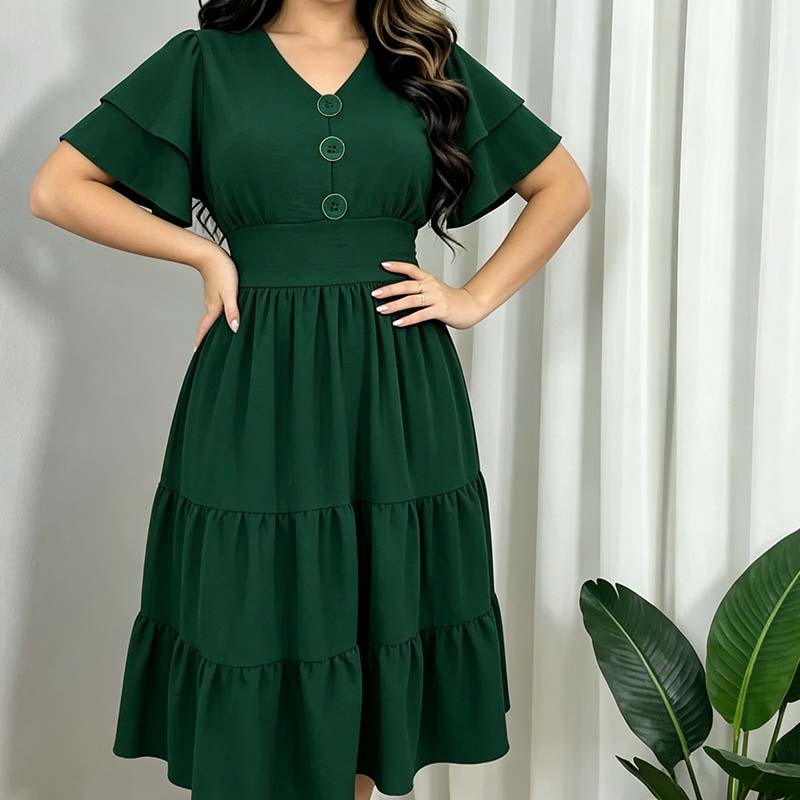 🌿 Robe midi à volants et manches flottantes, col en V, pour femme 👗
