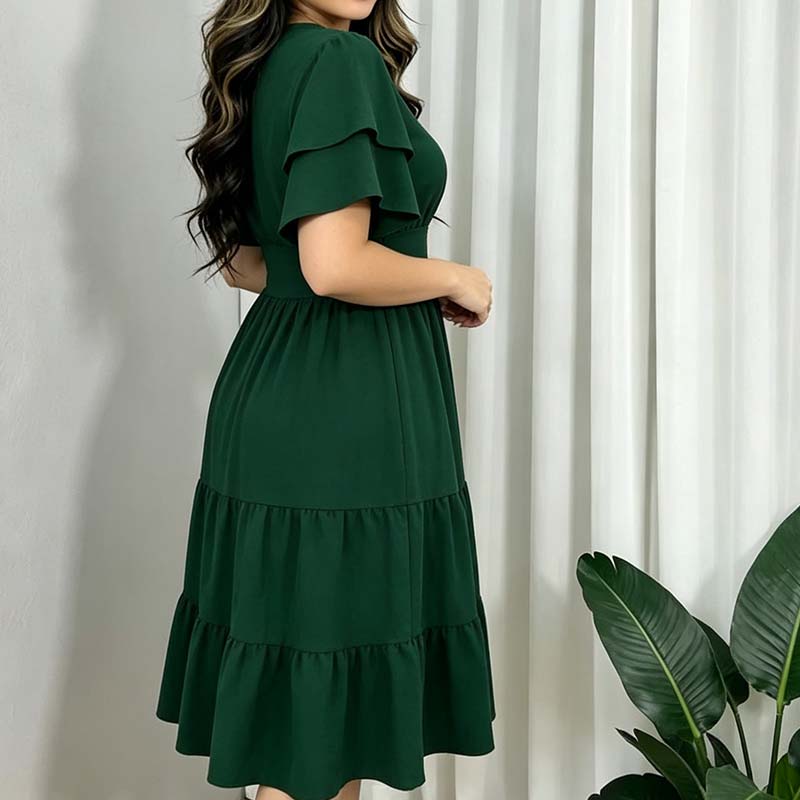 🌿 Robe midi à volants et manches flottantes, col en V, pour femme 👗