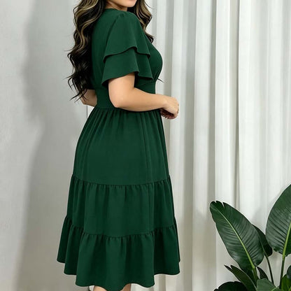 🌿 Robe midi à volants et manches flottantes, col en V, pour femme 👗