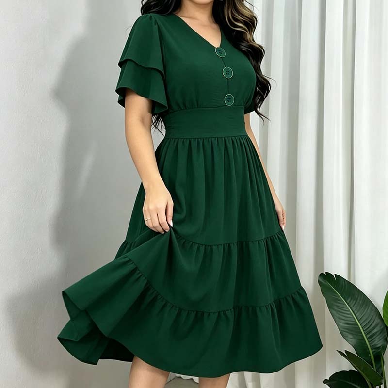 🌿 Robe midi à volants et manches flottantes, col en V, pour femme 👗