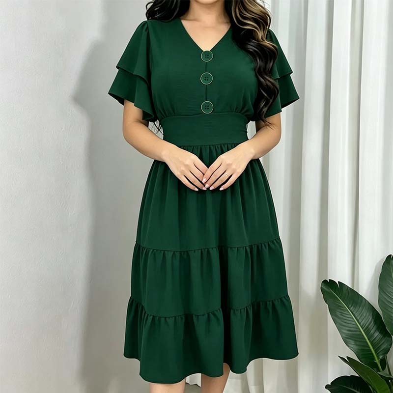 🌿 Robe midi à volants et manches flottantes, col en V, pour femme 👗