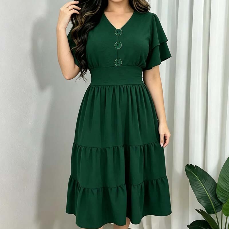 🌿 Robe midi à volants et manches flottantes, col en V, pour femme 👗