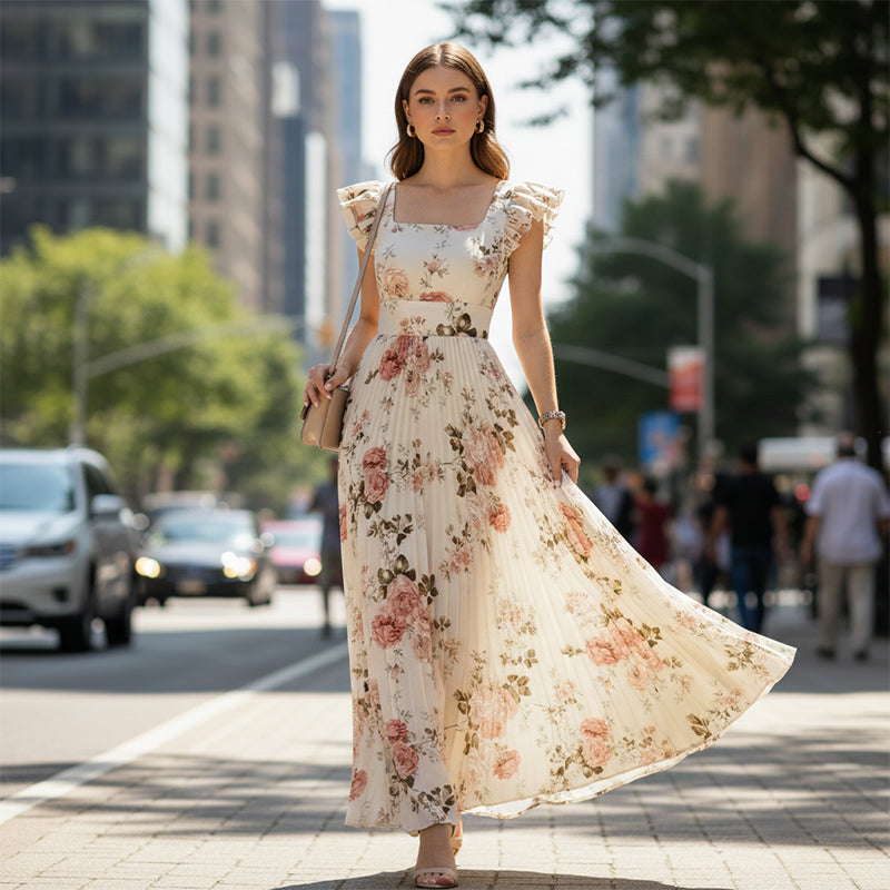👗 Robe longue plissée à imprimé floral raffiné 🌼