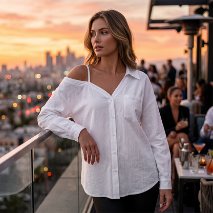 Chemise décontractée pour femme à épaules découvertes avec boutonnage