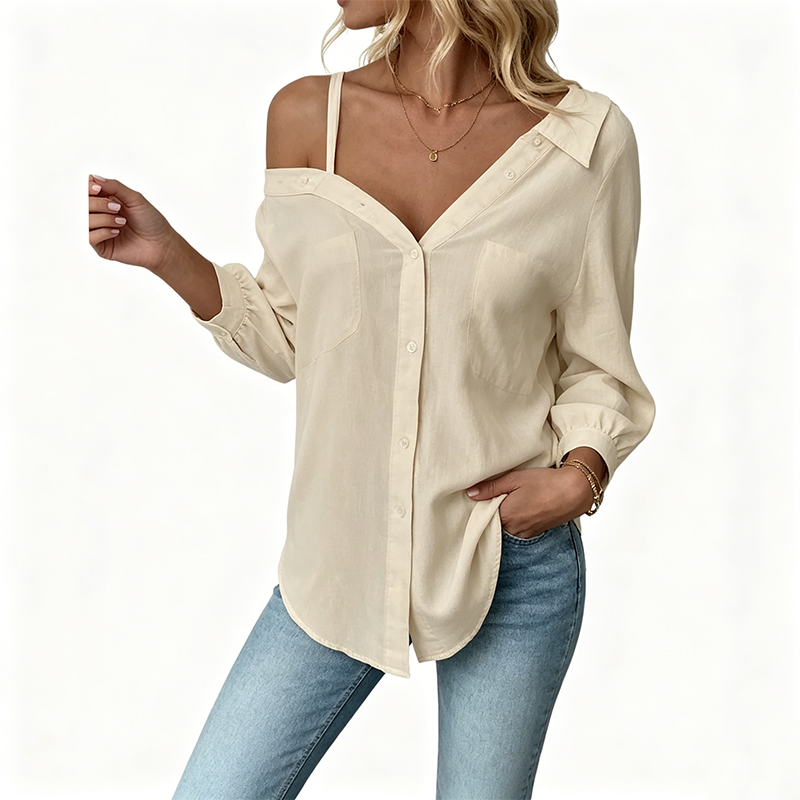 Chemise décontractée pour femme à épaules découvertes avec boutonnage
