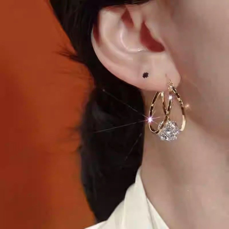 Boucles D'Oreilles Double Anneau Boule Zirconia Scintillante
