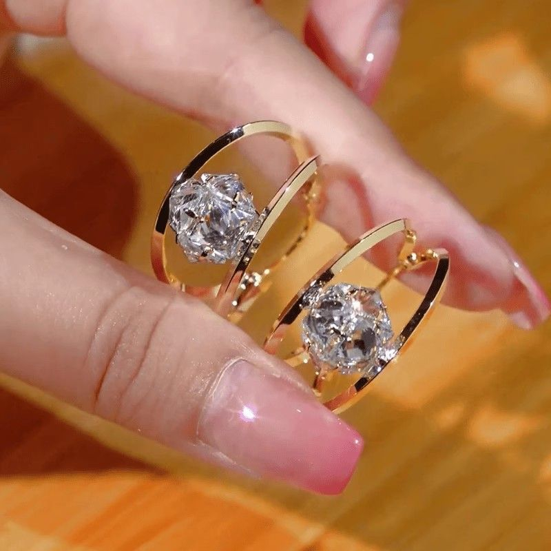 Boucles D'Oreilles Double Anneau Boule Zirconia Scintillante