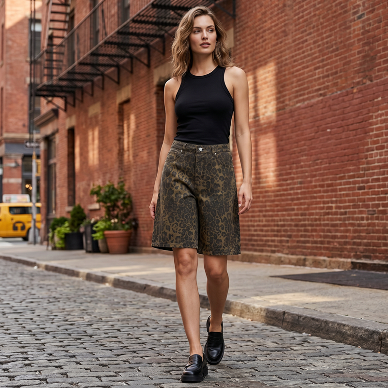 🩳 50% DE RÉDUCTION 🐆 Short en jean imprimé léopard pour femme – Look tendance & coupe confortable – Parfait pour l’été, les festivals ou un style streetwear assumé – taille haute & poches pratiques 🌸