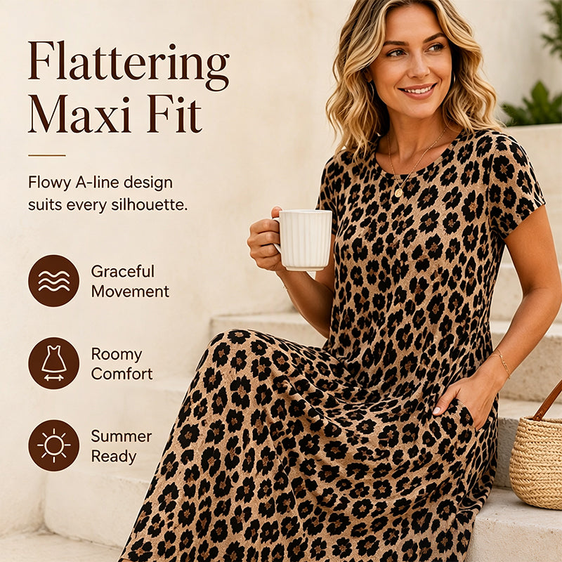 Robe longue décontractée à manches courtes imprimée léopard avec poches pour femme