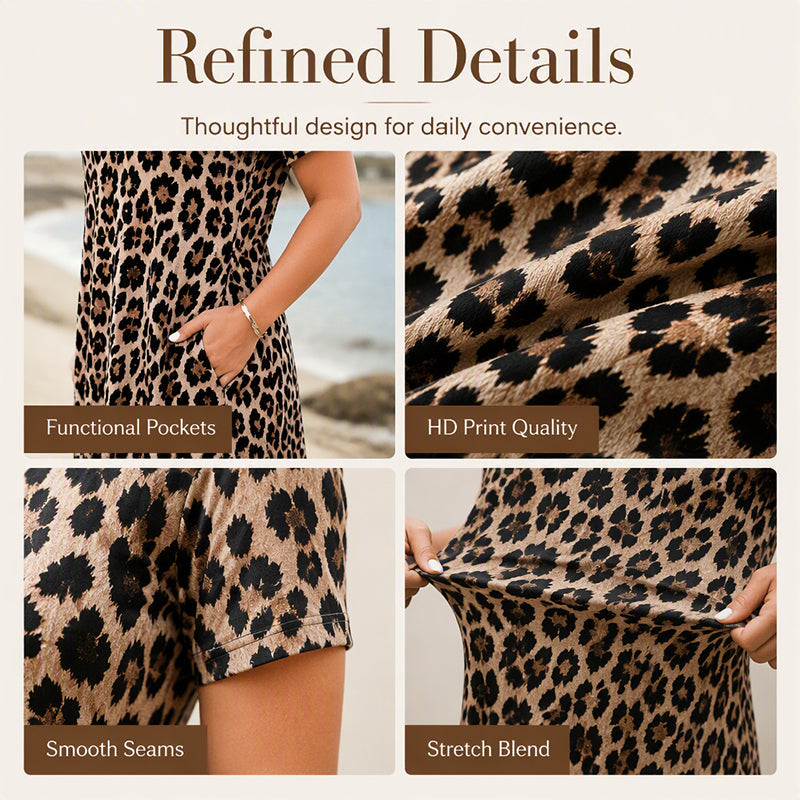 Robe longue décontractée à manches courtes imprimée léopard avec poches pour femme