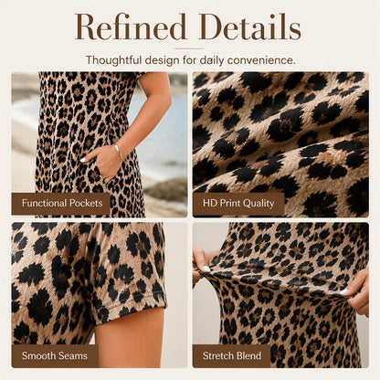 Robe longue décontractée à manches courtes imprimée léopard avec poches pour femme