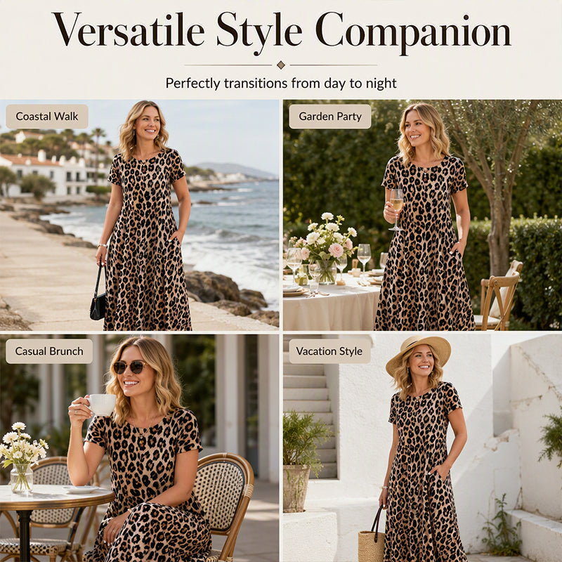 Robe longue décontractée à manches courtes imprimée léopard avec poches pour femme