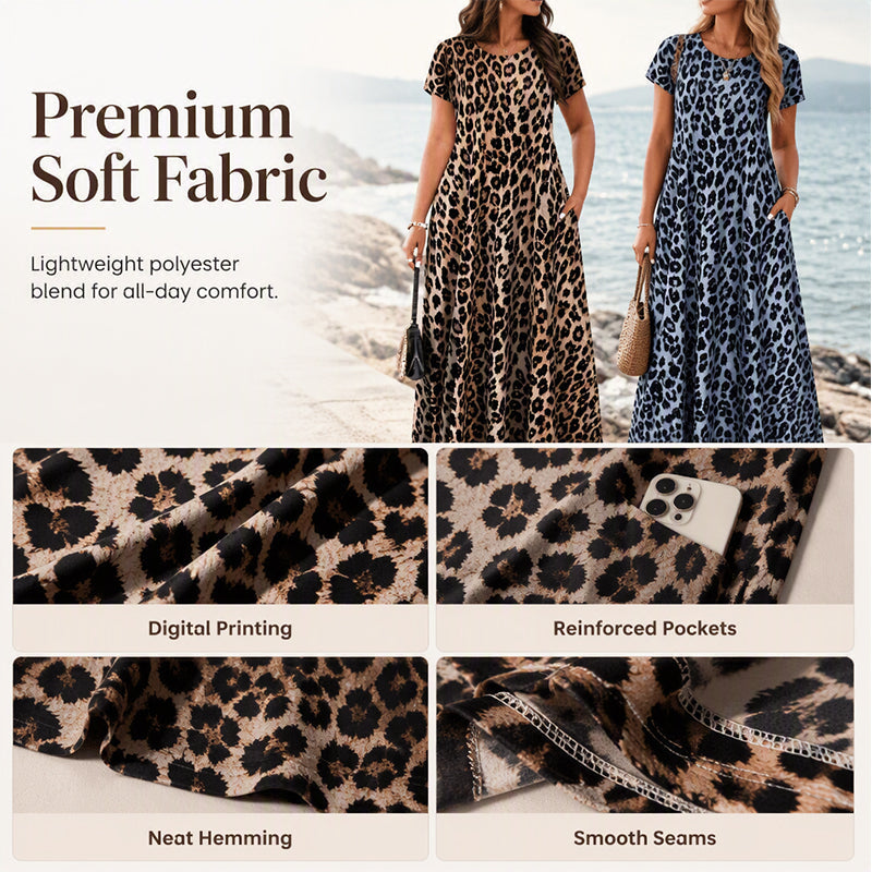 Robe longue décontractée à manches courtes imprimée léopard avec poches pour femme