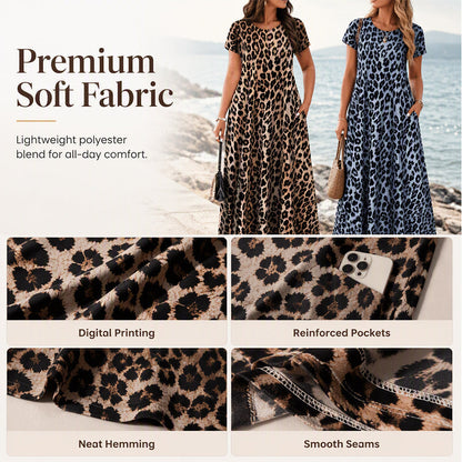 Robe longue décontractée à manches courtes imprimée léopard avec poches pour femme