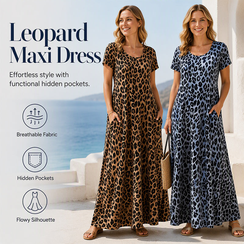 Robe longue décontractée à manches courtes imprimée léopard avec poches pour femme