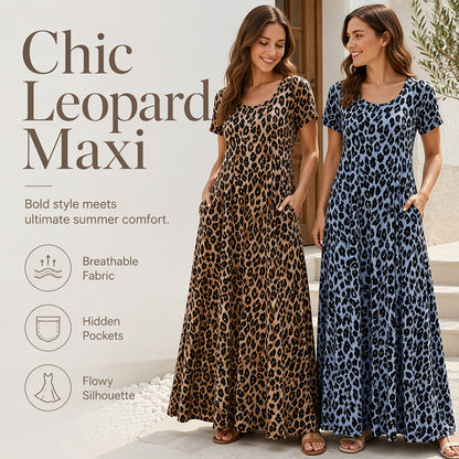 Robe longue décontractée à manches courtes imprimée léopard avec poches pour femme