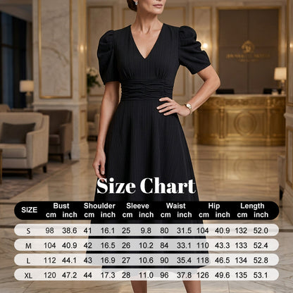 Robe élégante à col en V et taille haute avec manches bouffantes
