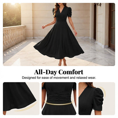 Robe élégante à col en V et taille haute avec manches bouffantes