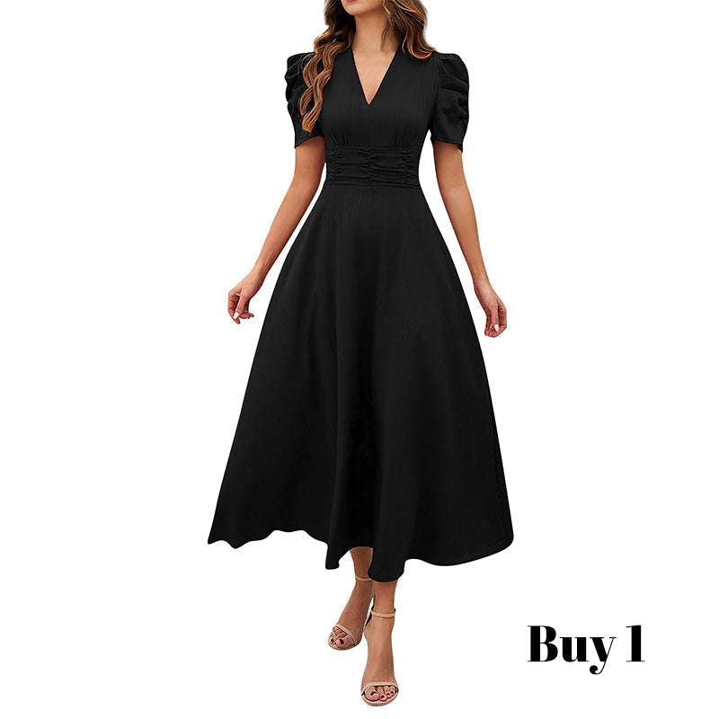 Robe élégante à col en V et taille haute avec manches bouffantes