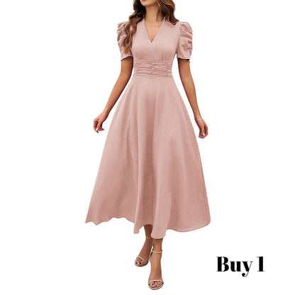 Robe élégante à col en V et taille haute avec manches bouffantes