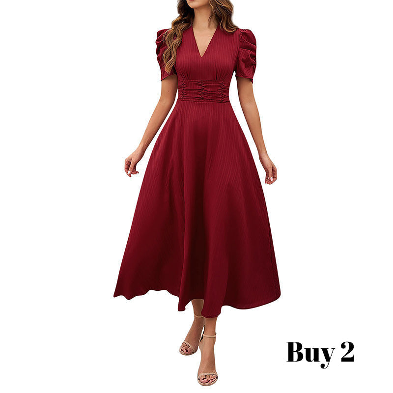 Robe élégante à col en V et taille haute avec manches bouffantes