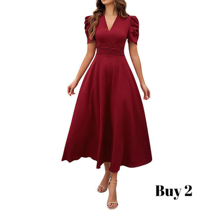 Robe élégante à col en V et taille haute avec manches bouffantes