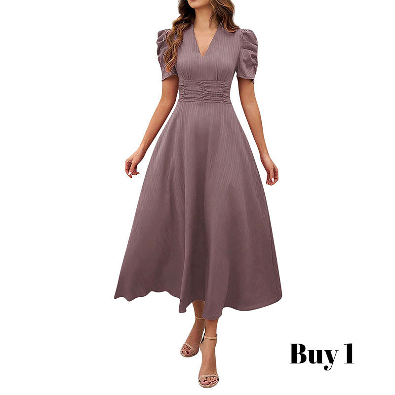 Robe élégante à col en V et taille haute avec manches bouffantes
