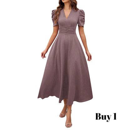 Robe élégante à col en V et taille haute avec manches bouffantes