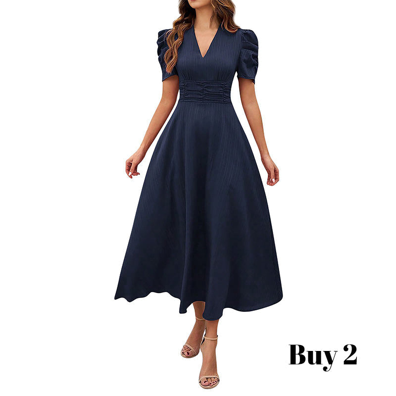 Robe élégante à col en V et taille haute avec manches bouffantes