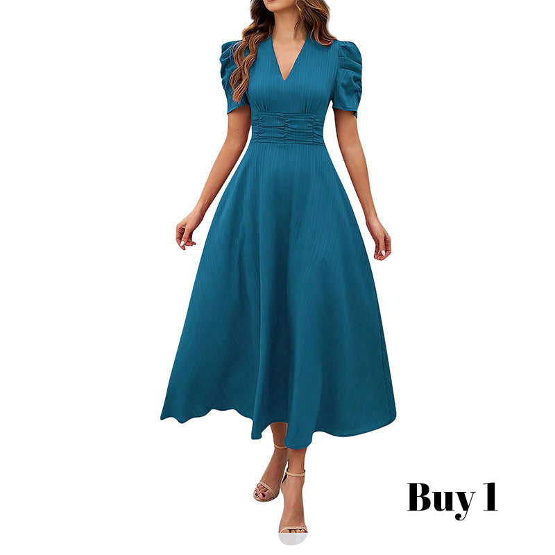Robe élégante à col en V et taille haute avec manches bouffantes