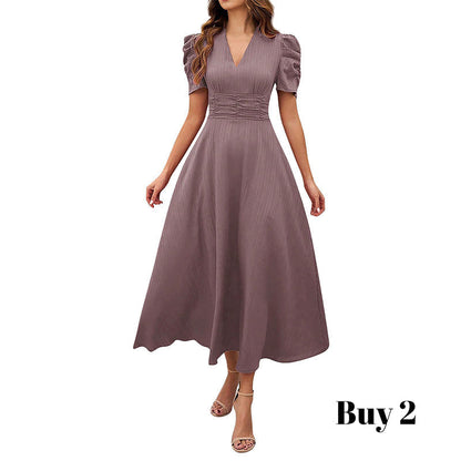 Robe élégante à col en V et taille haute avec manches bouffantes