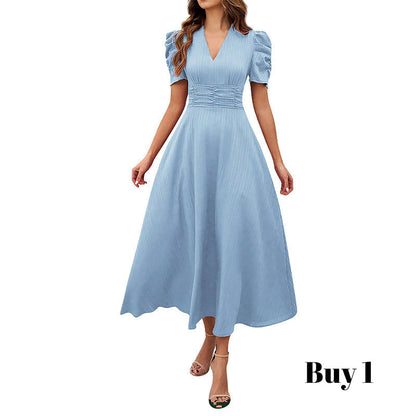 Robe élégante à col en V et taille haute avec manches bouffantes