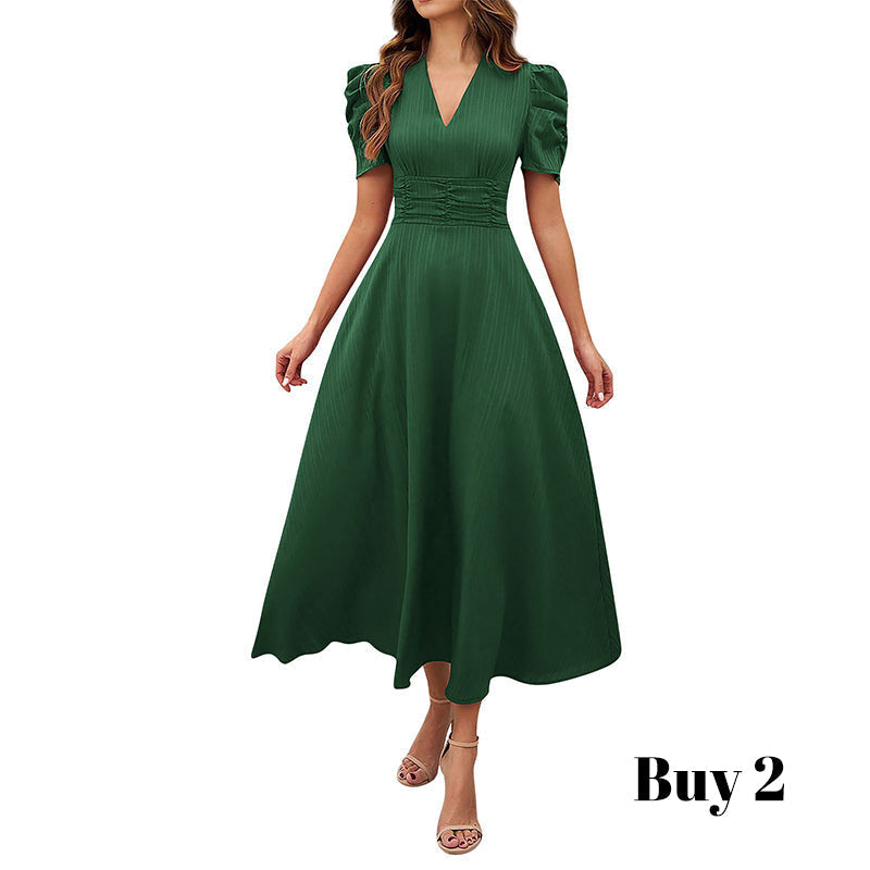 Robe élégante à col en V et taille haute avec manches bouffantes