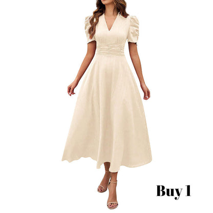 Robe élégante à col en V et taille haute avec manches bouffantes