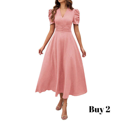 Robe élégante à col en V et taille haute avec manches bouffantes