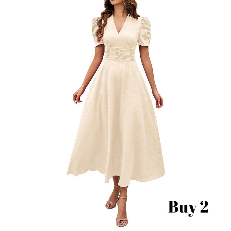 Robe élégante à col en V et taille haute avec manches bouffantes